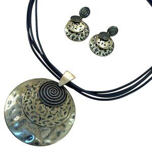 Vintage-Inspired Brass Pendant Necklace & Earrings Set With Black Spiral Design